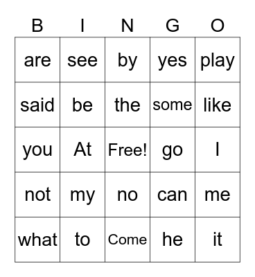 Sight Words Bingo Card