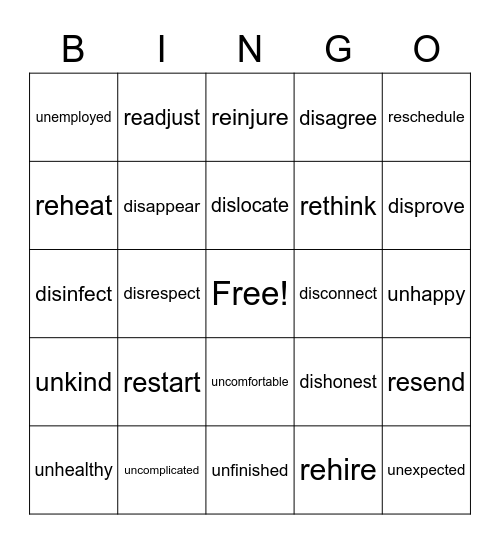 Prefixes re-, un-, dis- Bingo Card