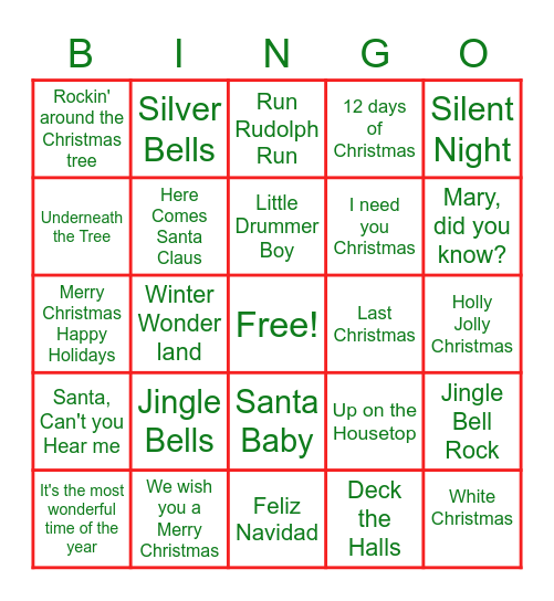 Christmas Song Bingo Card