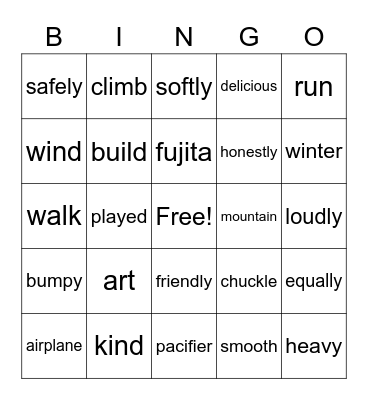 Parts of Speech Bingo Card
