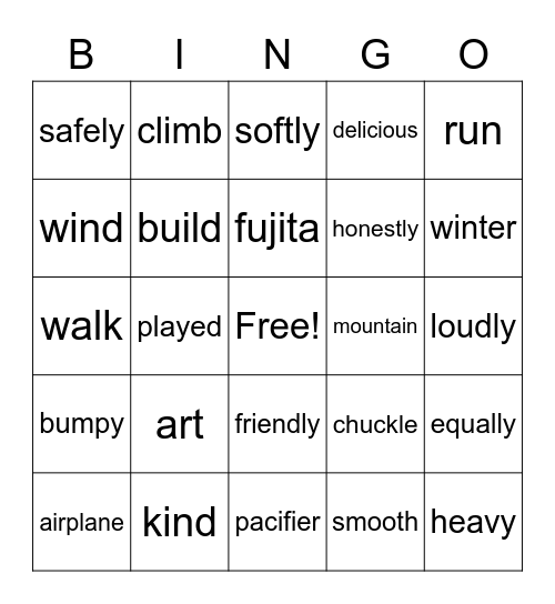 Parts of Speech Bingo Card