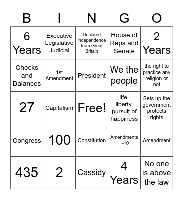 Civics Midterm Bingo Card