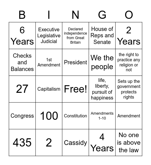 Civics Midterm Bingo Card