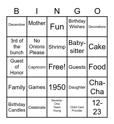 Charlotte's  Birthday Bingo Card