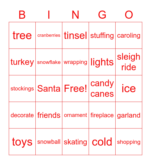 Holiday Celebration Bingo Card