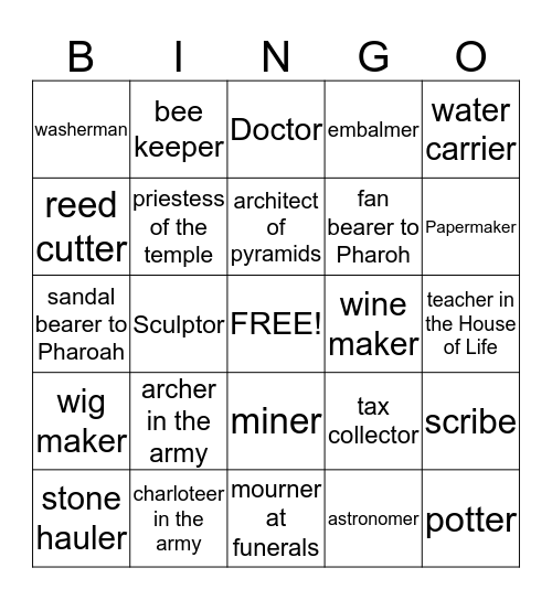 Ancient Egyption Jobs Bingo Card