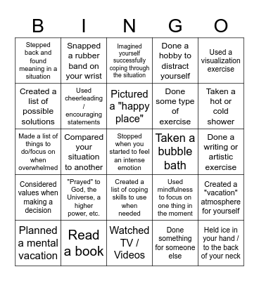 Distress Tolerance Bingo Card