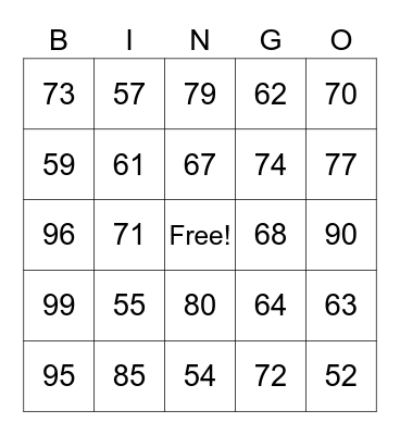 ASL Numbers 51 - 100 Bingo Card