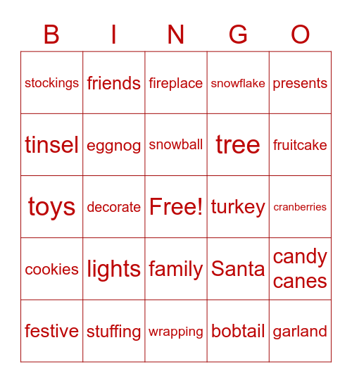 Holiday Celebration Bingo Card