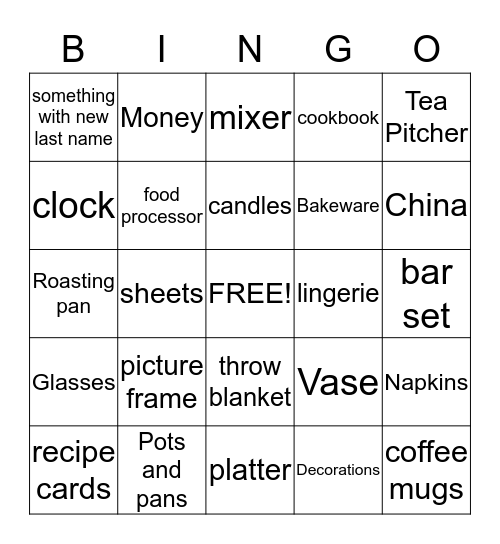 JAMIE'S SHOWER Bingo Card