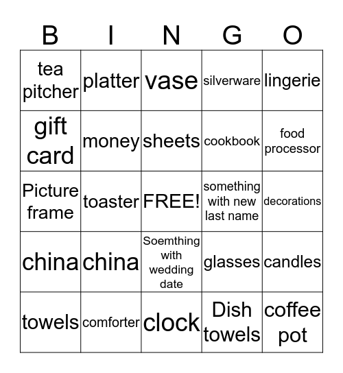 Jamie's Shower Bingo Card
