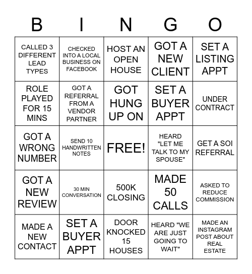 Real Estate Working Agent Bingo Card