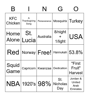 2021 Holiday Trivia Bingo Card