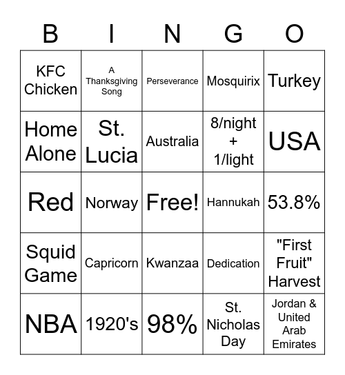 2021 Holiday Trivia Bingo Card