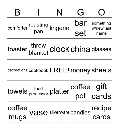 Jamie's Shower Bingo Card