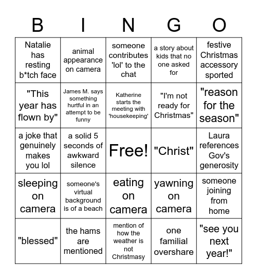 A&H Christmas Zoom Bingo Card