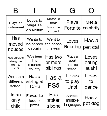 Transition Day Bingo Card