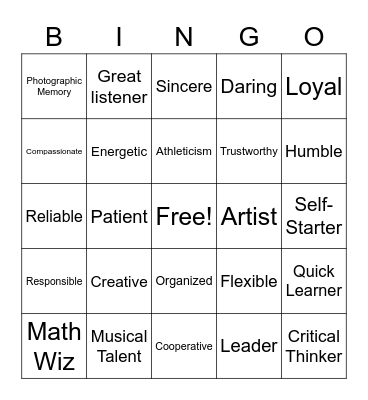 Personal Strengths Bingo Card