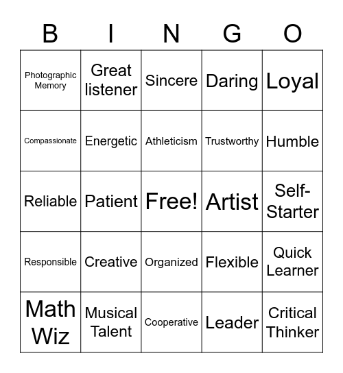 Personal Strengths Bingo Card