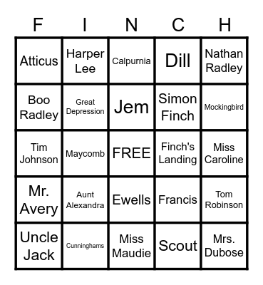 To Kill a Mockingbird Review Game Bingo Card