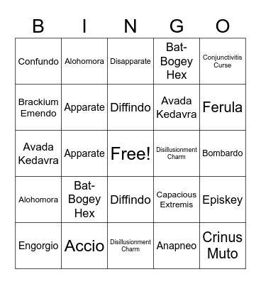 Harry Potter spells Bingo Card