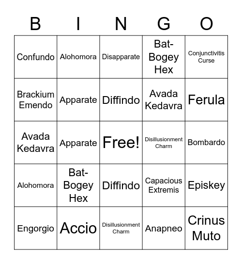 Harry Potter spells Bingo Card