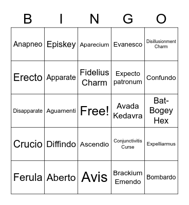 Harry Potter spells Bingo Card