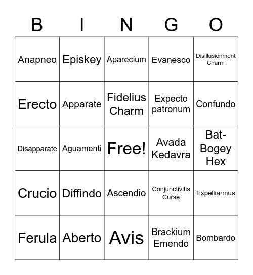Harry Potter spells Bingo Card