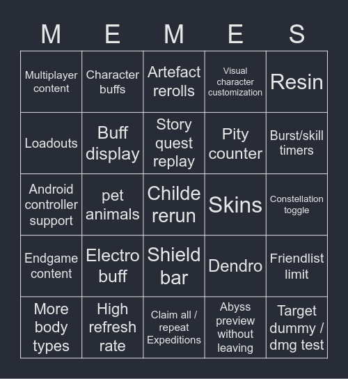 Genshin Meme Bingo! Bingo Card