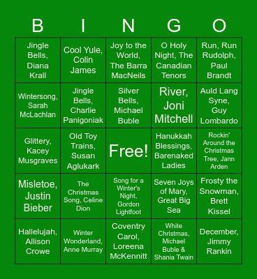 Holiday Music 2021 Bingo Card
