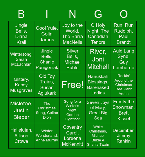 Holiday Music 2021 Bingo Card