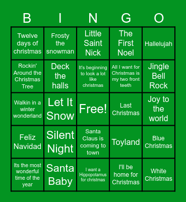 Holiday Songs Bingo Card