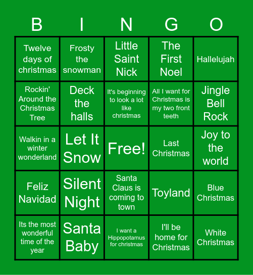 Holiday Songs Bingo Card