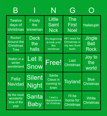 Holiday Songs Bingo Card