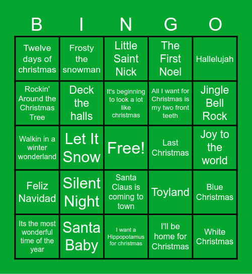 Holiday Songs Bingo Card