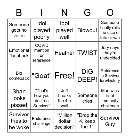 Survivor 41 Finale Bingo Card