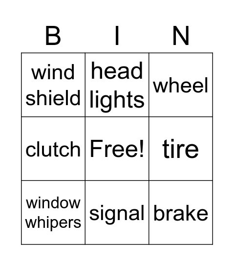 car parts Bingo Card