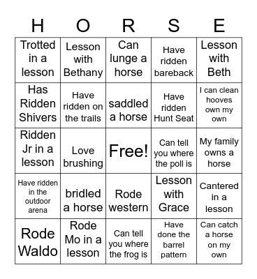 Greenbridge Holiday Horse Camp Bingo Card