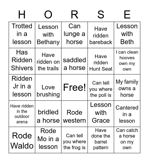 Greenbridge Holiday Horse Camp Bingo Card