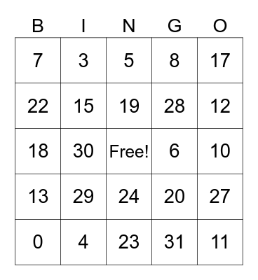 Numeros 0-31 Bingo Card