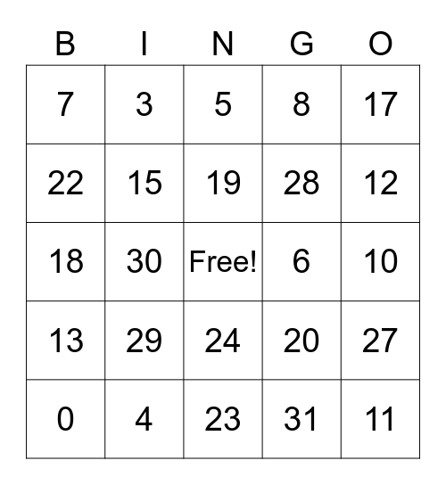 Numeros 0-31 Bingo Card