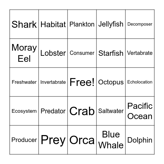 Marine Ecoystem Bingo Card