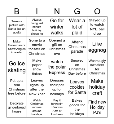 Holiday Bingo Card