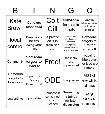 Banks December School Board Bingo Card