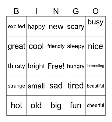 Adjectives Bingo Card