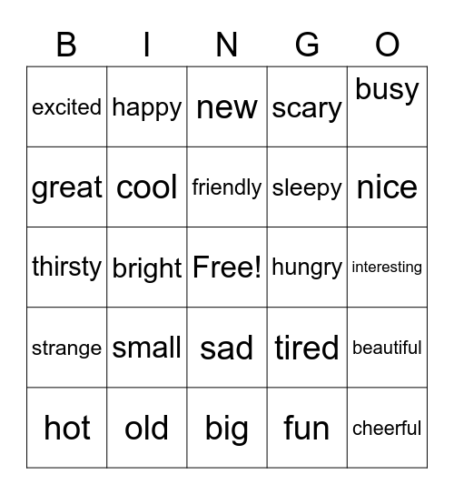Adjectives Bingo Card