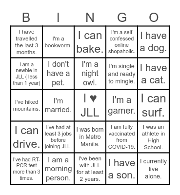 Getting to Know You Bingo Card