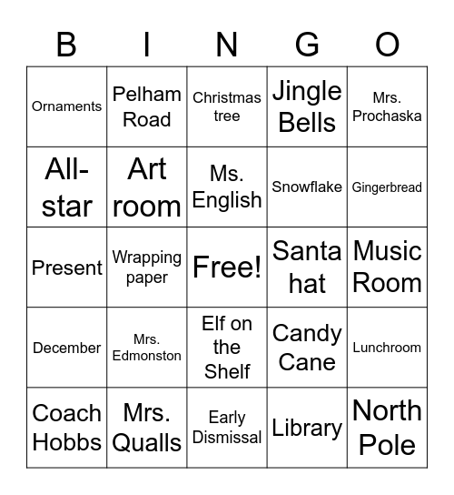 Pelham Road Holiday Bingo Card