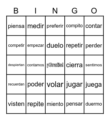 Stem-Changing Verbs Bingo Card