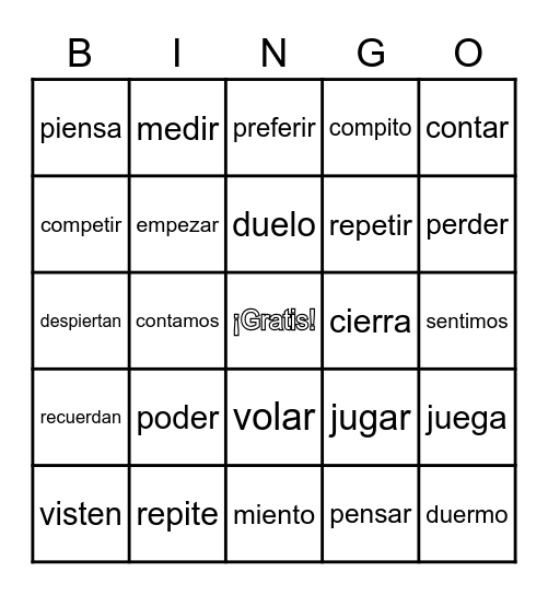 Stem-Changing Verbs Bingo Card